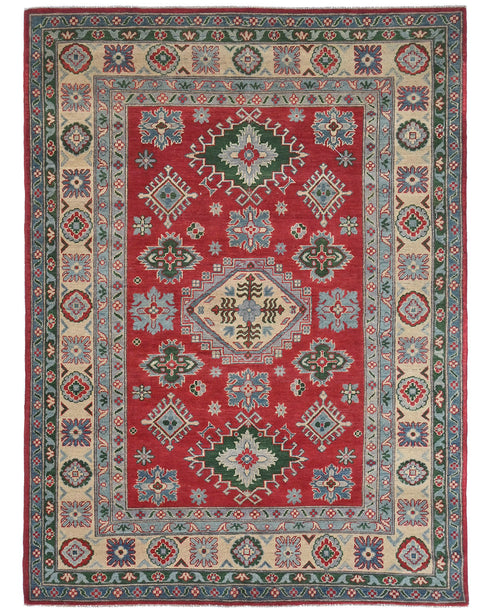6x8 Red Kuba Afghan Hand Knotted Wool Area Rug